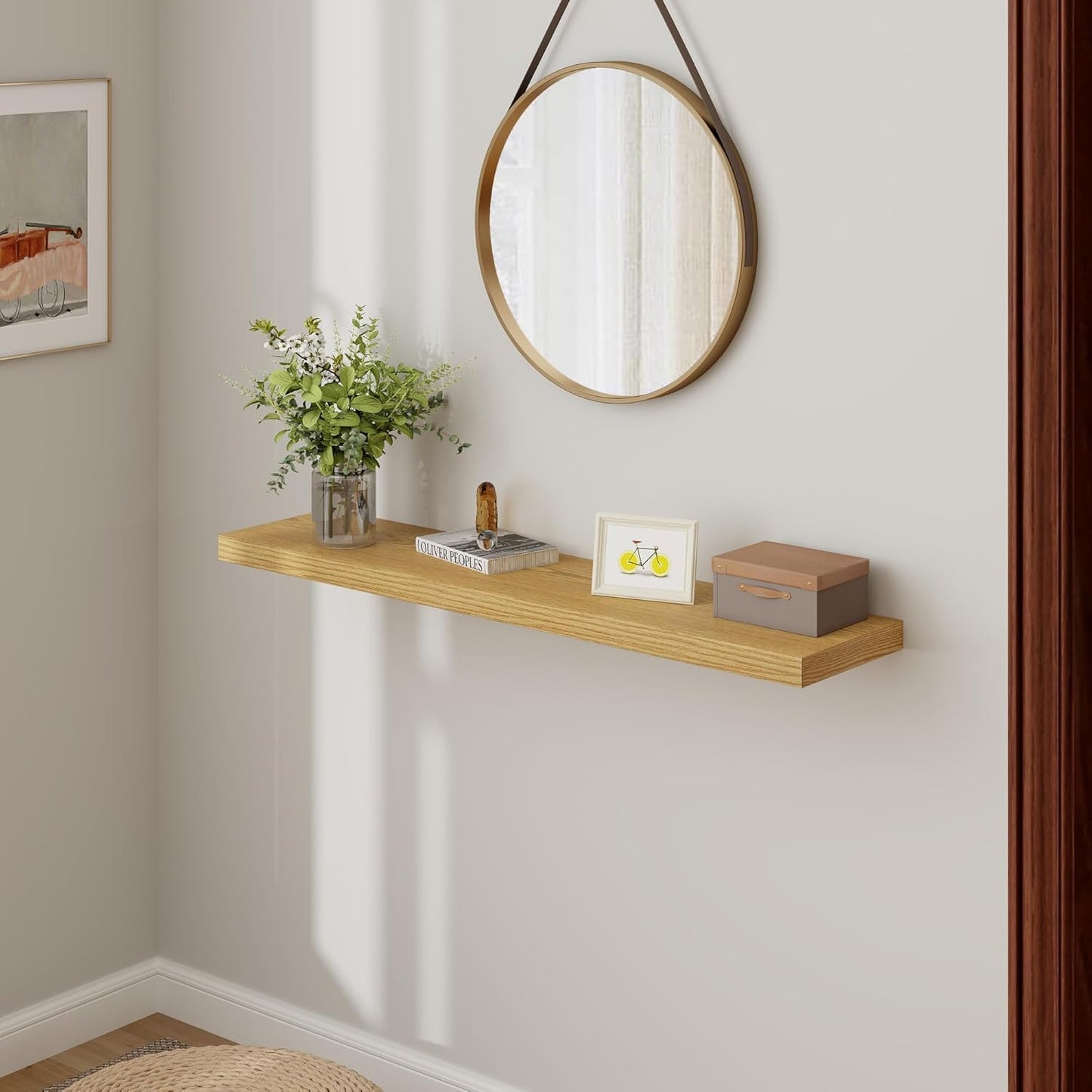 Floating Shelves 48 Inch Long, 48"W x 9"D Wall Shelf Invisible Bracket, 9 Inch Deep Floating Shelf for Wall, Rustic Wooden Shelves for Living Room, Kitchem, Bedroom, Oak Color, Set of 1