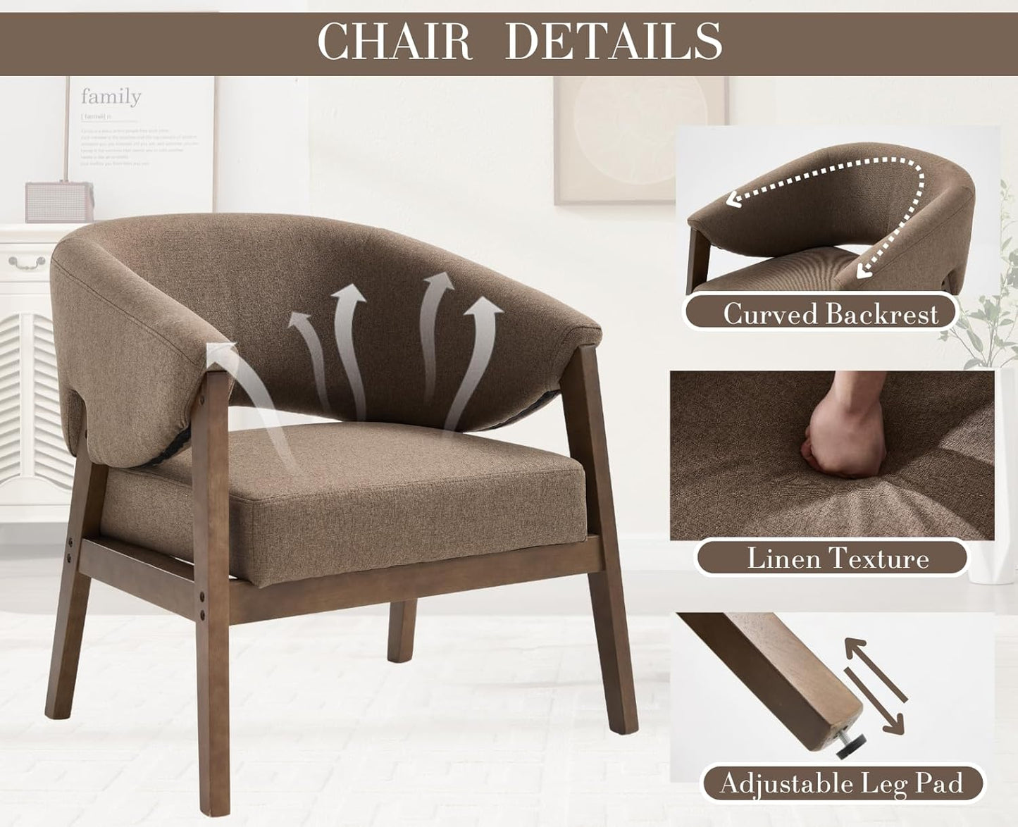 Mid-Century Modern Accent Chairs Set of 2, Comfy Barrel Armchairs with Wide Seat, Upholstered Lounge Chairs with Walnut Wood Legs for Living Room/Bedroom/Reading Corner, Linen Fabric, Brown