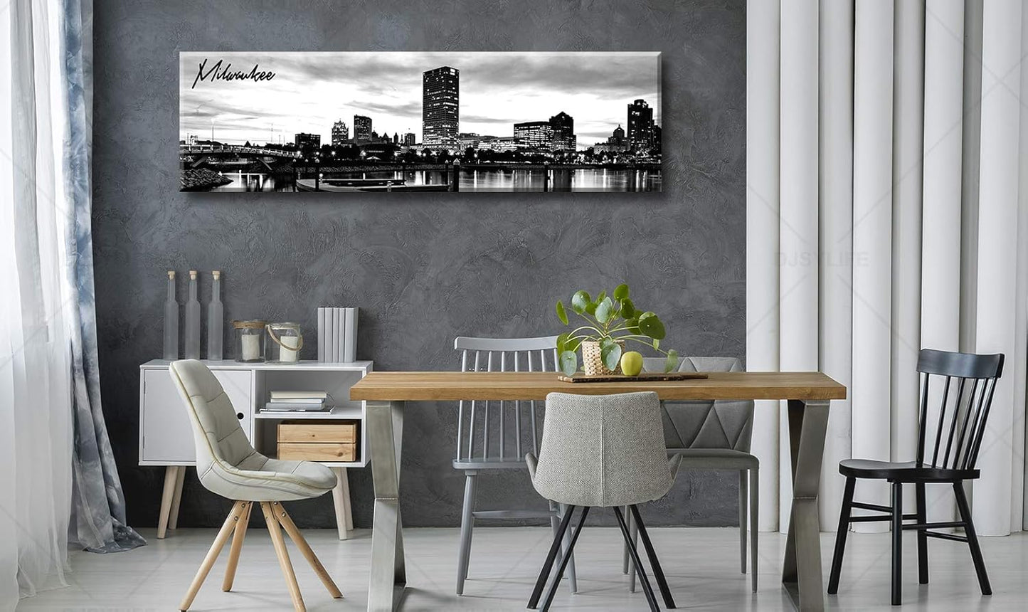 DJSYLIFE Milwaukee Skyline Wall Art Black and White Stretched Canvas Wall Art Prints for Bedroom or Office Decoration Ready to Hang 13.8" x 47.3"