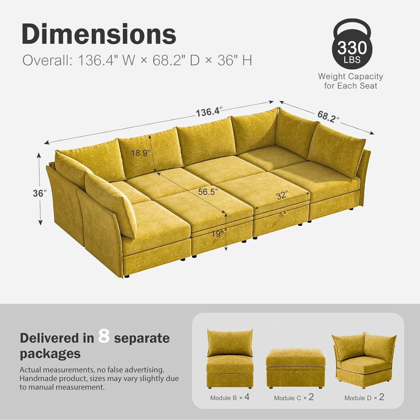 136.4" Oversized Modular Sectional Sleeper Sofa Bed, U Shaped Convertible Couch with Movable Ottoman, Large 8 Seat Corner Couches for Living Room Deep Seat Yellow Chenille