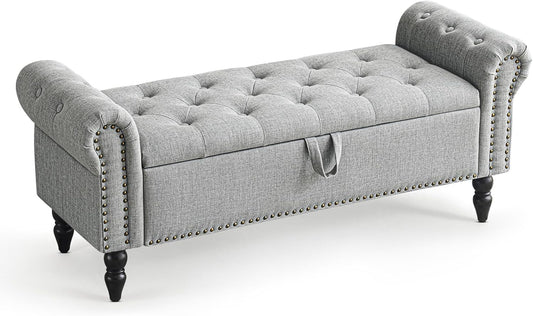 Furniliving 51” Bedroom Bench, End of Bed Bench with Button-Tufted Large Upholstered Storage Bench Ottoman Linen Window Benches with Storage Shoe Cabinet, for Bedroom, Entryway, Closet, Grey
