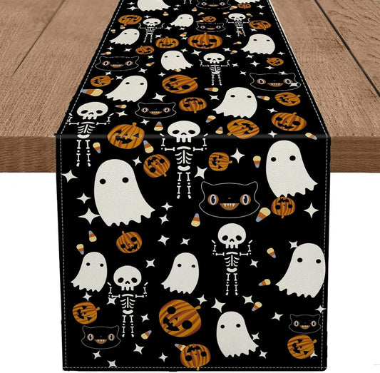 Halloween Table Runner Black Cat Pumpkins Seasonal Kitchen Dining Table Home Outdoor Party Decorations 13x120 Inch