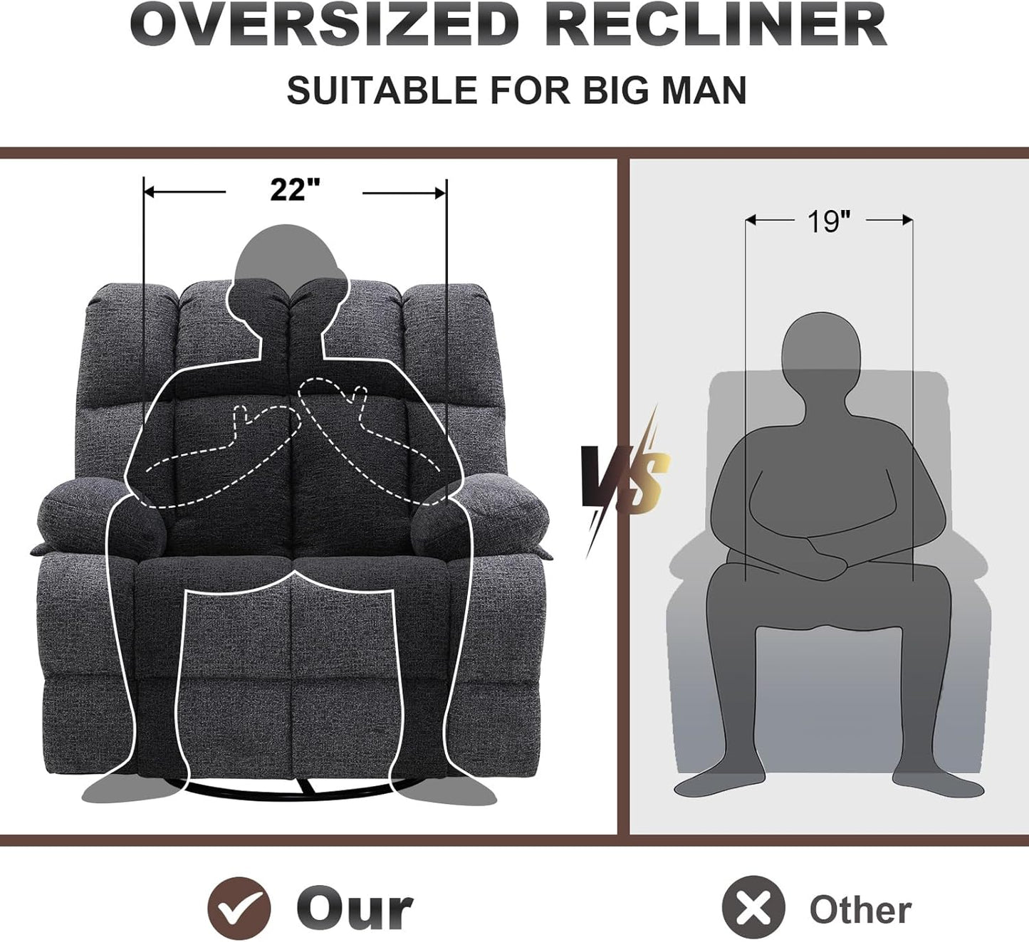 Oversized Swivel Rocker Recliner Chair Set of 2 for Adult, Rock Recliner for Big Man, Extra Wide Manual Recliners, Overstuffed Soft Rocking Sofa Chair,Light Grey