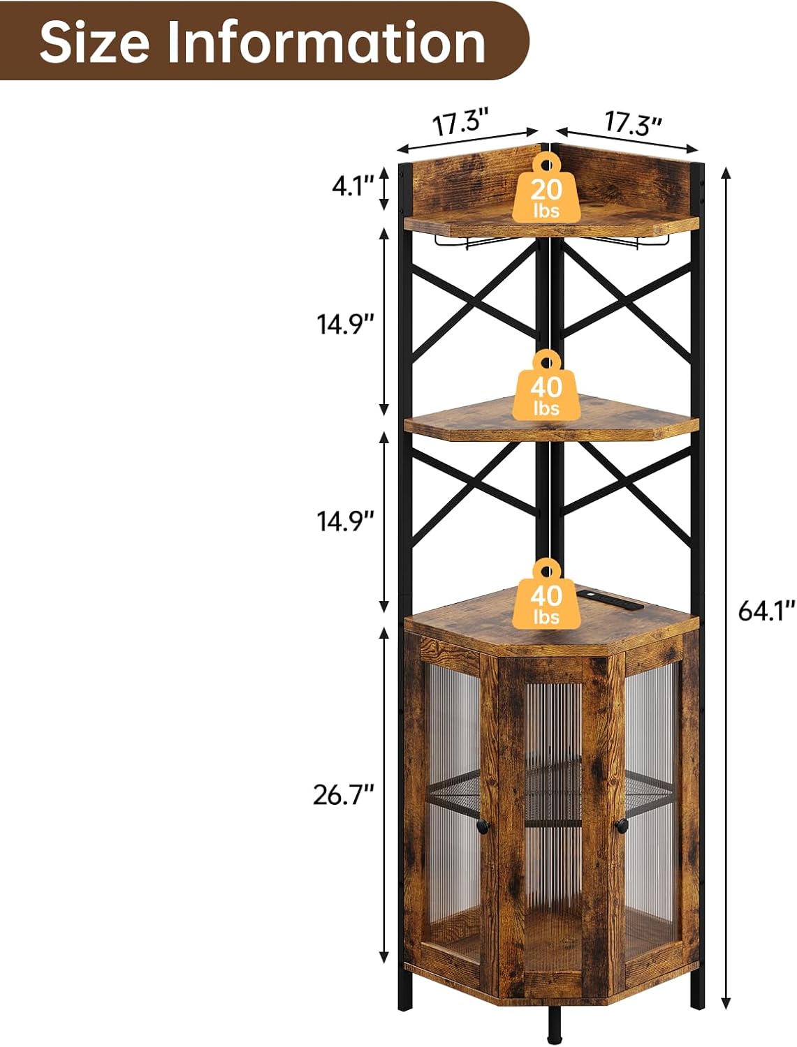 Corner Bar Cabinet with Power Outlet, 5-Tier Corner Wine Cabinet with Led Strip and Glass Holder, Industrial Tall Liquor Cabinet Bar Wine Rack for Home, Rustic Brown