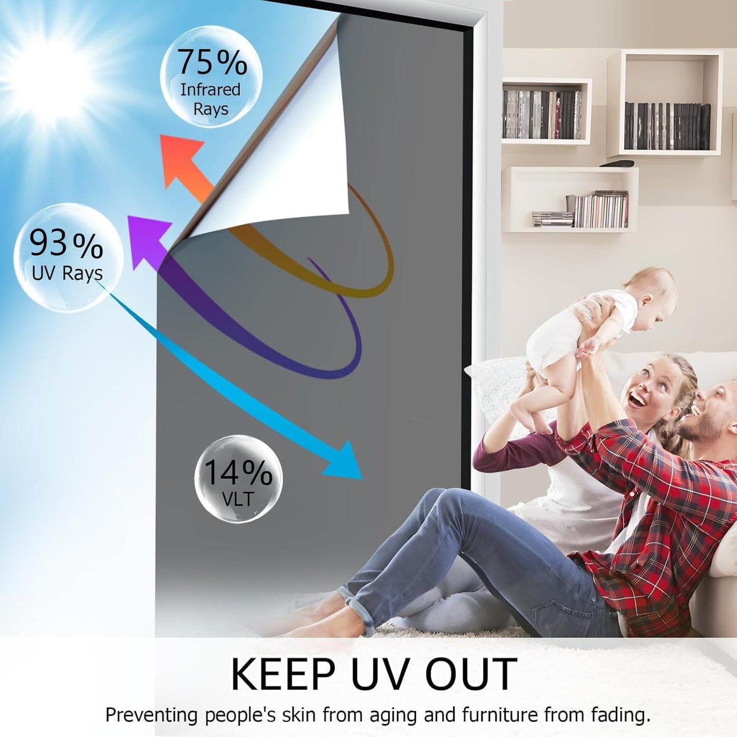 HIDBEA One Way Window Film, Daytime Privacy Sun Blocking Reflective Window Film No Glue Static Cling Heat Control Window Tinting Film for Home and Office, Black Silver, 55.1 x 196.86 Inch