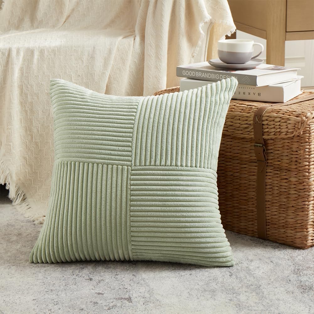 Fancy Homi 2 Packs Sage Green Decorative Throw Pillow Covers 22x22 Inch for Living Room Couch Bed Sofa, Farmhouse Boho Home Decor, Soft Corss Corduroy Patchwork Accent Square Cushion Case 55x55 cm