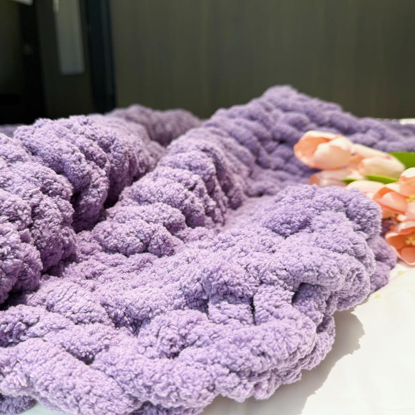 Chunky Knit Blanket Throw 40"×40", Chenille Throw Blankets, Handmade Warm & Cozy Blanket Couch Bed Home Decor, Soft Breathable Fleece Banket, Christmas for Couch Bed Sofa Best Gift (Purple)