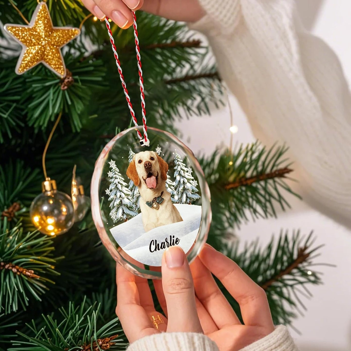 Custom Pet Christmas Ornament with Photo – Personalized Crystal Dog Cat Memorial Gift – Snow Scene Holiday Decor