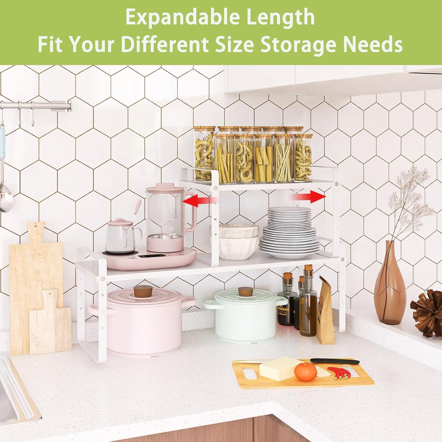 Expandable Cabinet Shelf Organizer Rack, Stackable Kitchen Counter Storage Shelves Stand, Adjustable Height Pantry Shelf Spice Rack (White, 2 Pack)