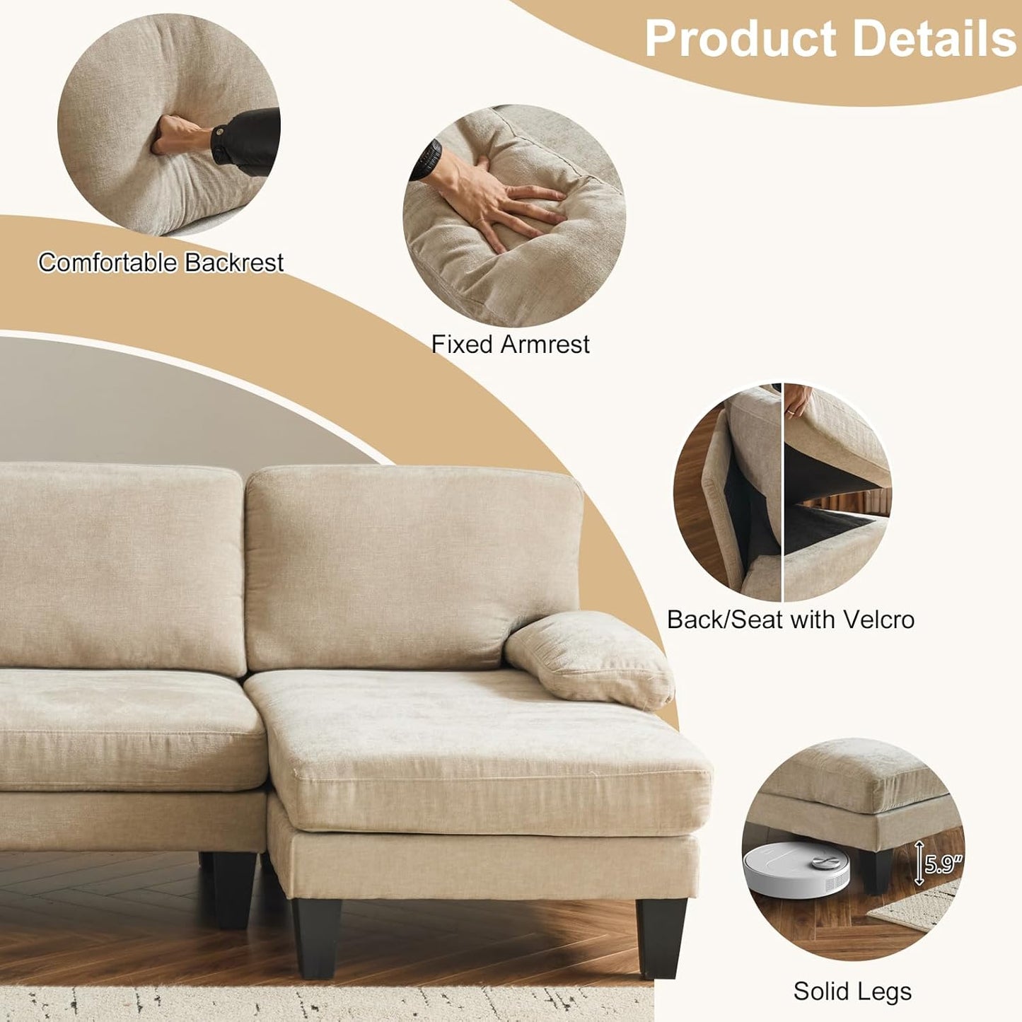 Karl home U-Shape Sectional Sofa Couch 111" Modern 4-Seat Sofa with Chaises Chenille Fabric Upholstered Covertible Couch with Wood Grain Legs for Living Room, Reception Room, Apartment, Khaki