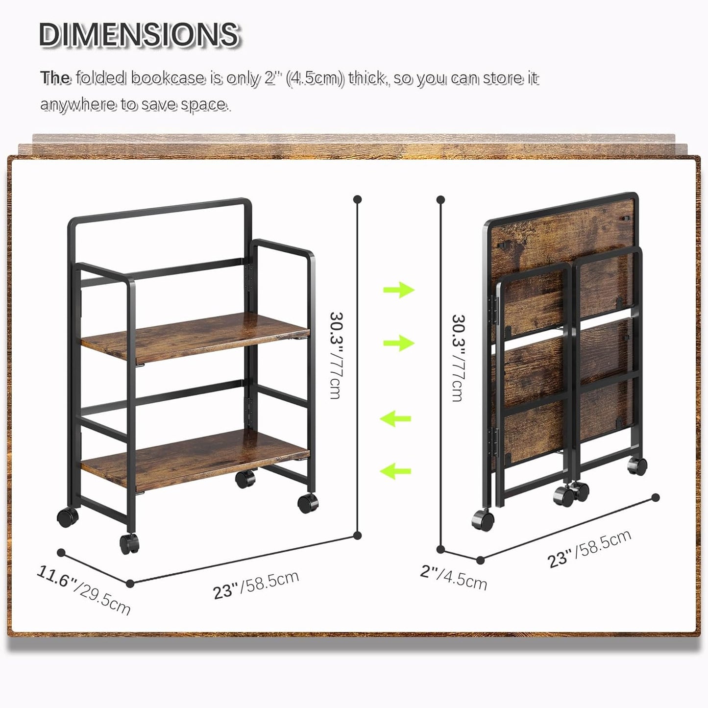 4NM 2 Tiers No-Assembly Folding Bookshelf with Wheels, Portable Rolling Storage Bookcase & Compact Side Table for Living Room, Bedroom, Kitchen, Bathroom (Rustic Brown and Black)