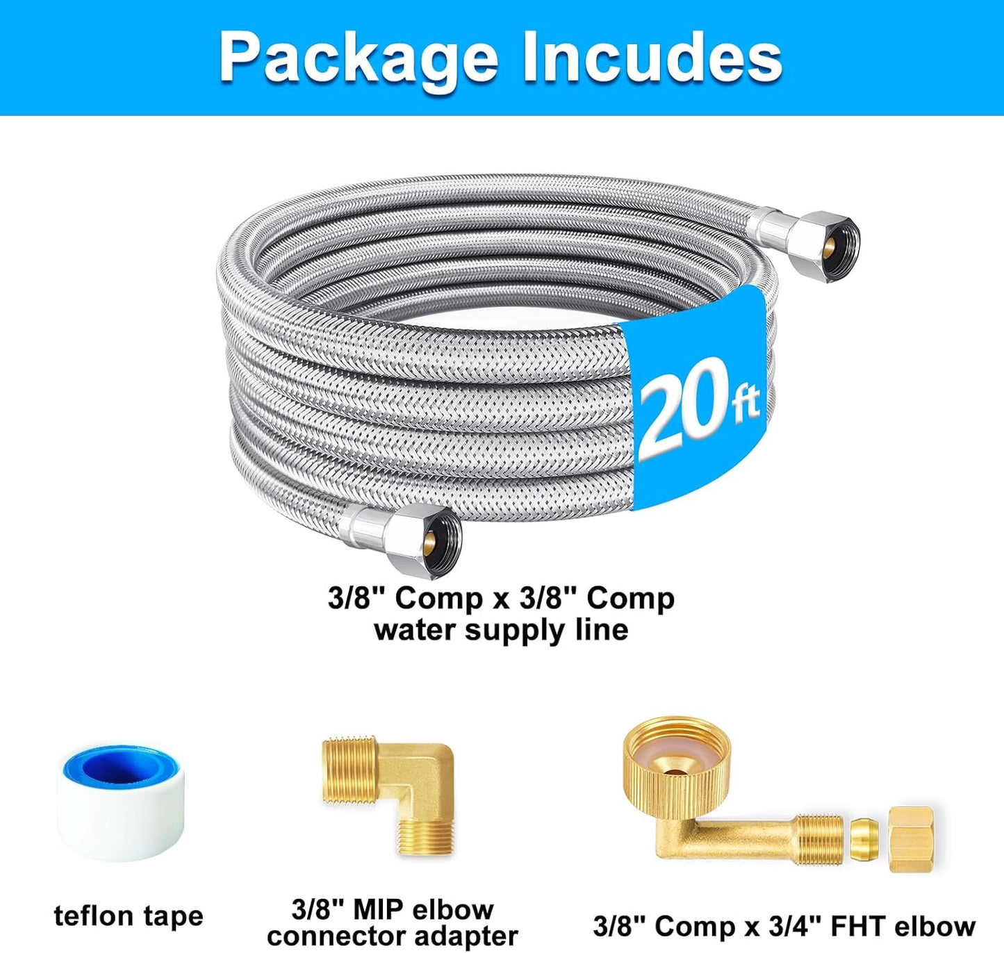 Dishwasher Installation Kit - 20 FT Premium Stainless Steel Braided Dishwasher Hose kit,Food Grade PEX Inner Tube Dishwasher Water Supply Line with 3/8"x3/8"MIP Elbow,3/8"x 3/4" FHT Elbow