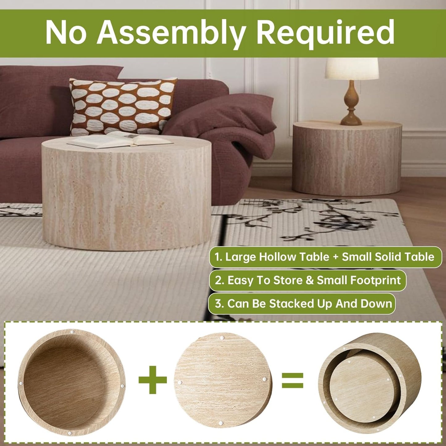 Round Nesting Coffee Table Modern Travertine Coffee Table Set of 2 for Living Room Circle Drum Coffee Tables Round Nesting Tables for Small Spaces (Travertine 26in)