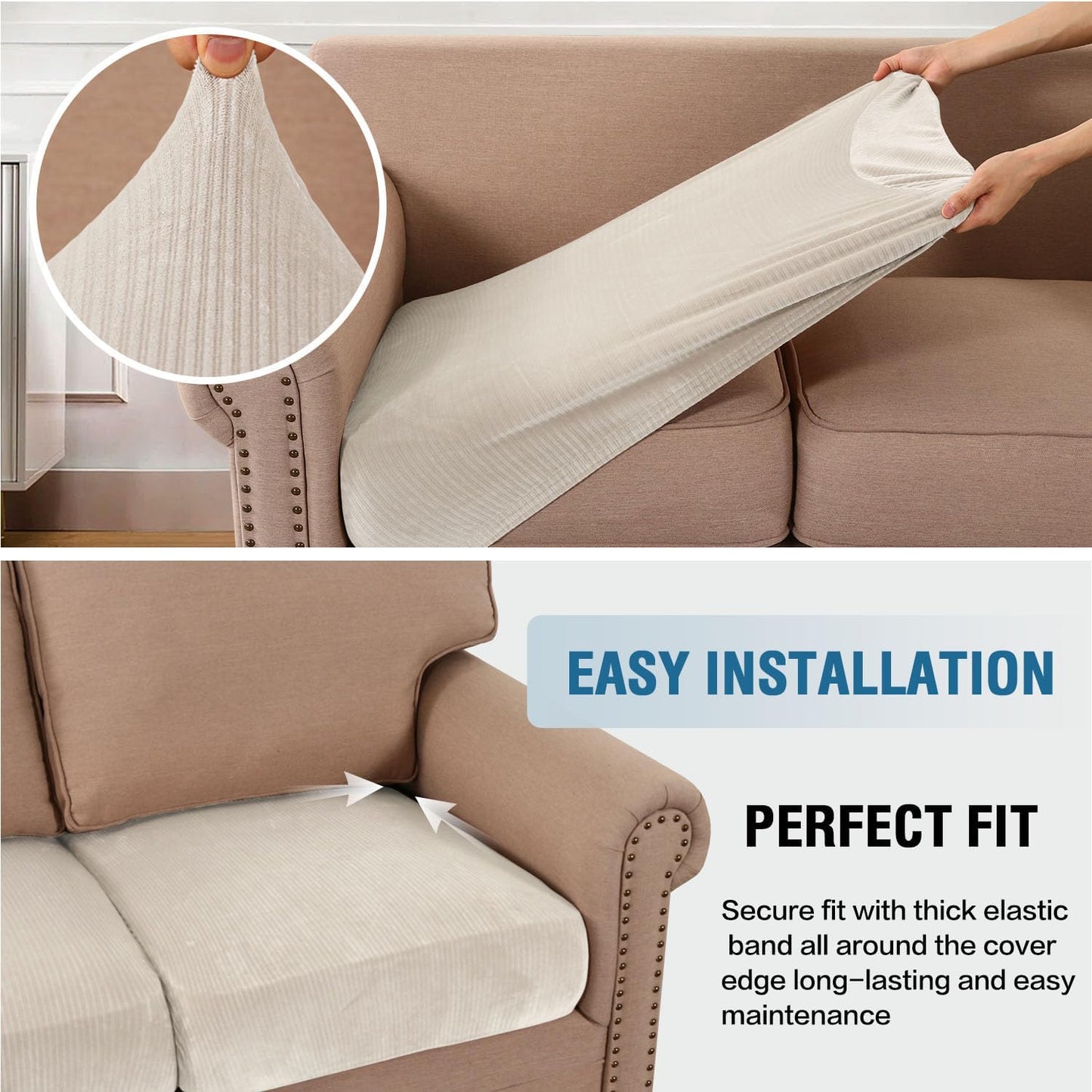 H.VERSAILTEX Velvet Stretch Couch Cushion Cover Plush Cushion Slipcover for Chair Loveseat Sofa Cushion Furniture Protector Seat Cushion Sofa Cover (3 Piece Sofa Cushion Covers, Ivory Striped)