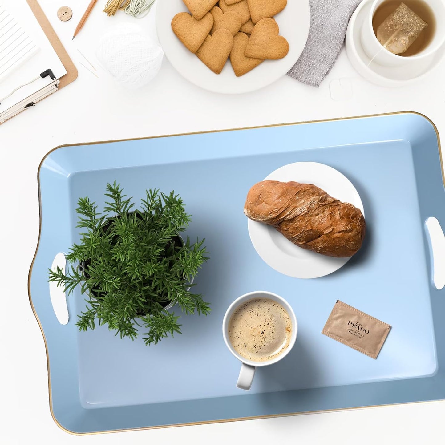 Spsyrine Light Blue Decorative Tray, Elegant Plastic Serving Tray with Handles, Coffee Table Tray for Ottoman, Living Room, Home Decor