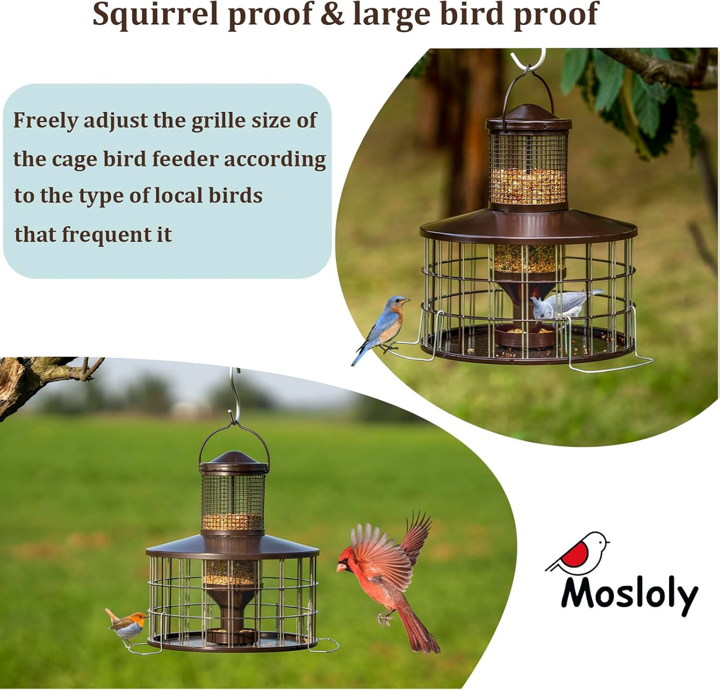 Upgraded Squirrel Proof Bird Feeders, 3Lbs Capacity Caged Bird Feeder, Innovative DIY Starling-Proof, Flexible Adjustment of Grille Size, Caged Seed Tube Feeders Outside Hanging(Copper)