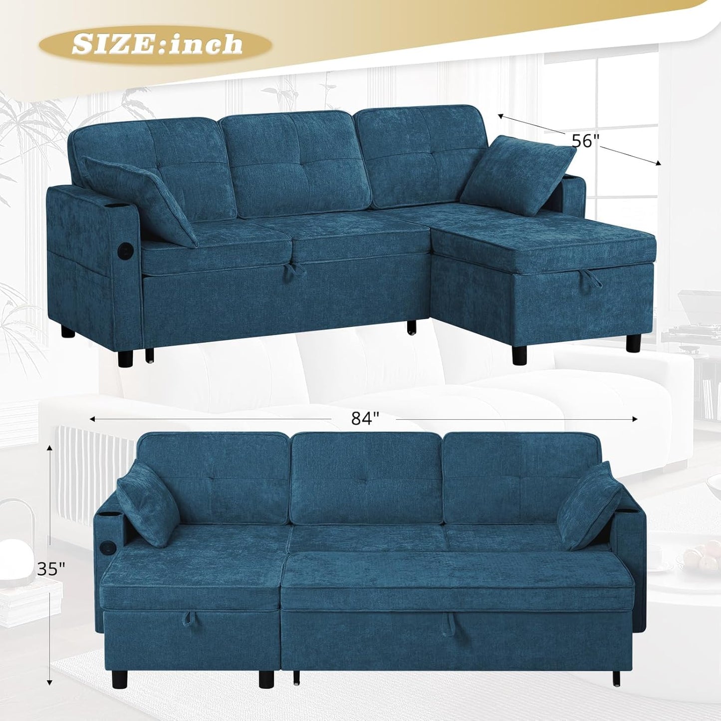 84 Inches Chenille Sectional Sofa w/Pull-Out Sofa Bed & Adjustable Back, Tufted L-Shaped Couch w/Storage Chaise, Sleeper Sectional Sofa w/USB Port & Cup Holders for Living Room, Blue