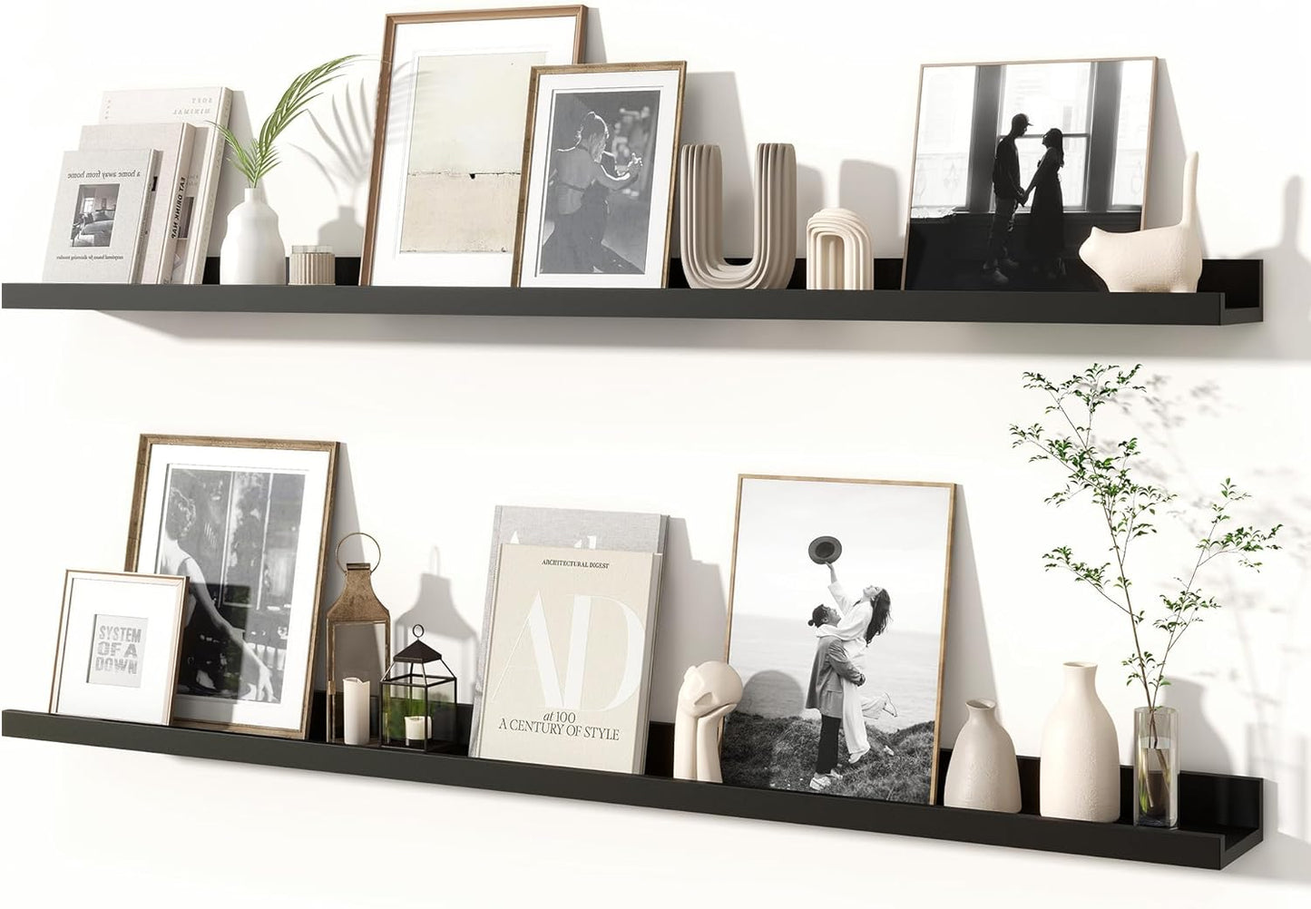 Fun Memories Picture Ledge Shelves Set of 2, 48 Inch Rustic Wall Mounted Floating Shelves with Lip for Home Storage and Décor in Bathroom, Kitchen, Nursery, Bedroom, Living Room, Black