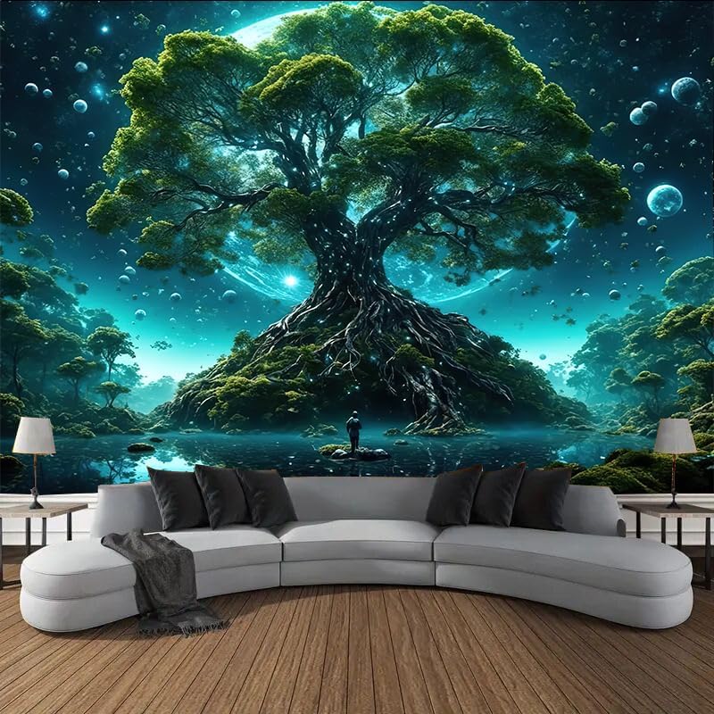 FENDROM Tree of Life Tapestry Nature Green Tree Wall Hanging Aesthetic Moon Night Fantasy Wonderland Tree Plants Wall Art For Home Dorm Living Room Decor