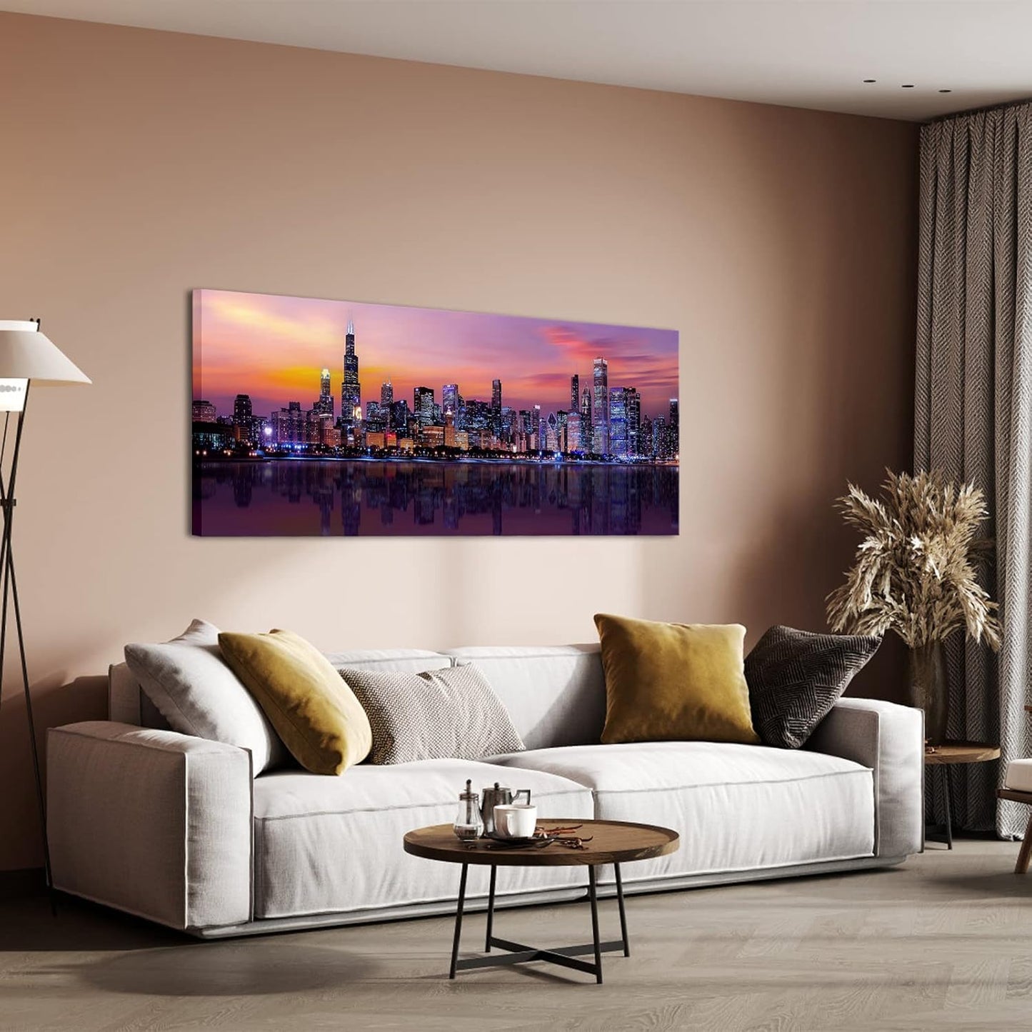 Fochorlo Large Chicago Canvas Modern City Skyline Wall Art Downtown Night Picture Prints Ready To Hang 20"X48"