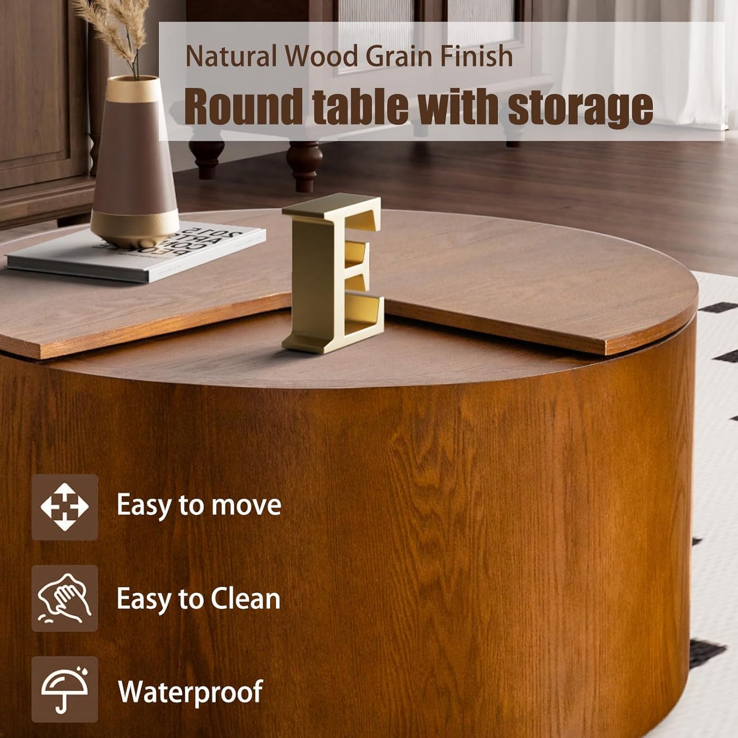 27.16" Drum Coffee Table with Storage Modern Unique Tea Table Contemporary Wood Round Coffee Table with Hidden Storage Centry Table for Living Room、Bedroom、 Office Walnut