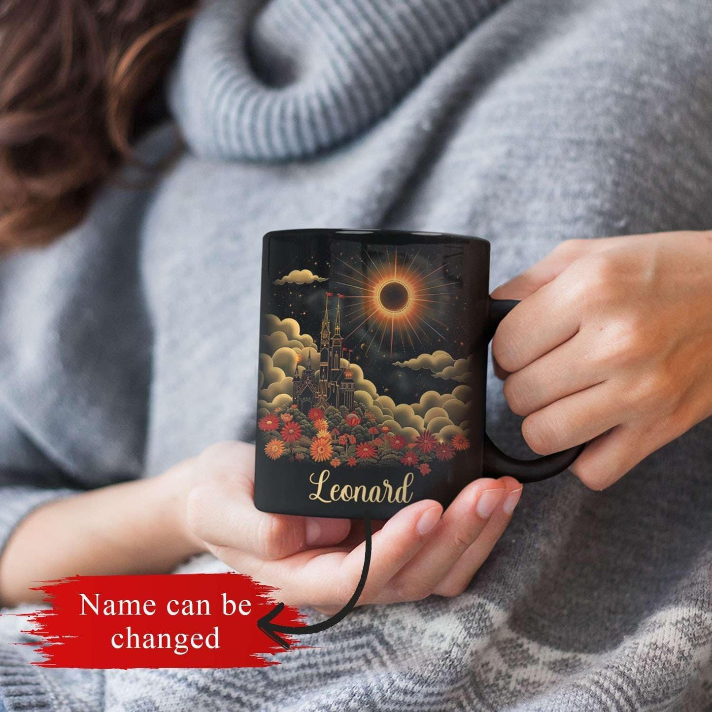 Personalized Name Coffee Mug 11oz 15oz, Custom Fantasy Castle Mug with Gothic Style, Vibrant Celestial Scene Ceramic Cup, Unique Castle Black Coffee Cup, Gifts for Her, Him