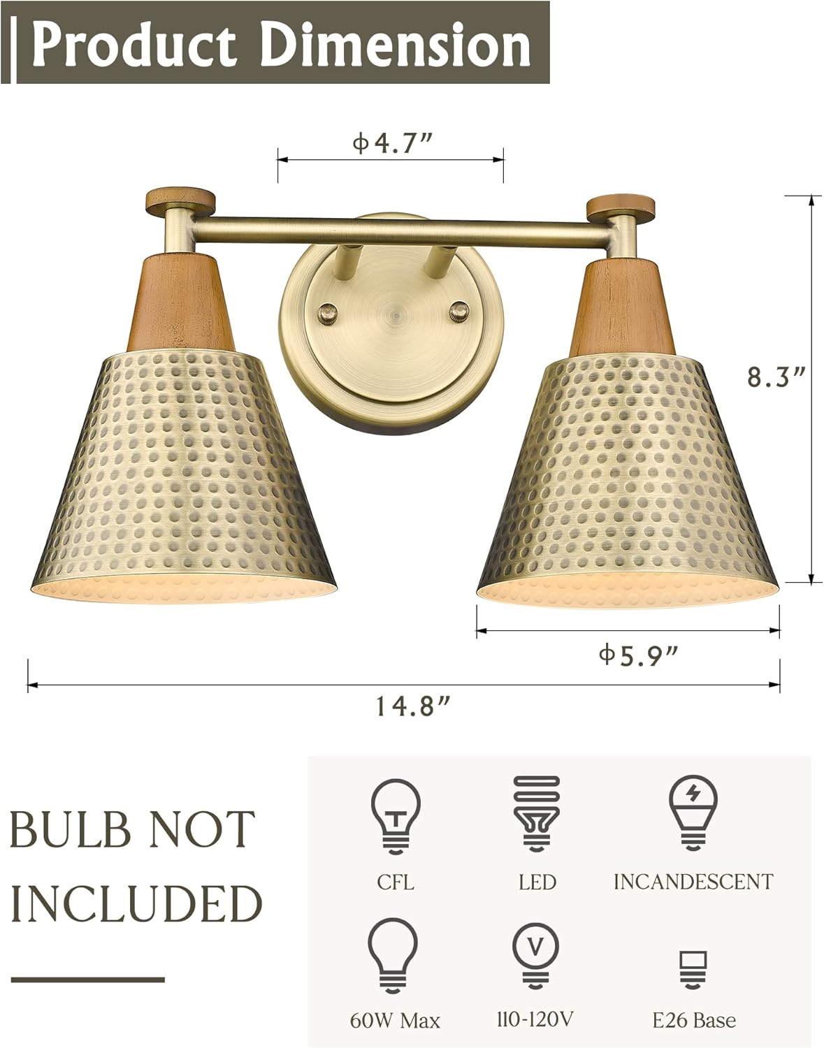 FEMILA Bathroom Light Fixtures, 2-Light Bathroom Vanity Lights Over Mirror, Antique Brass Wall Sconces, Hammered Metal Shade, 4FG59B-2W BG