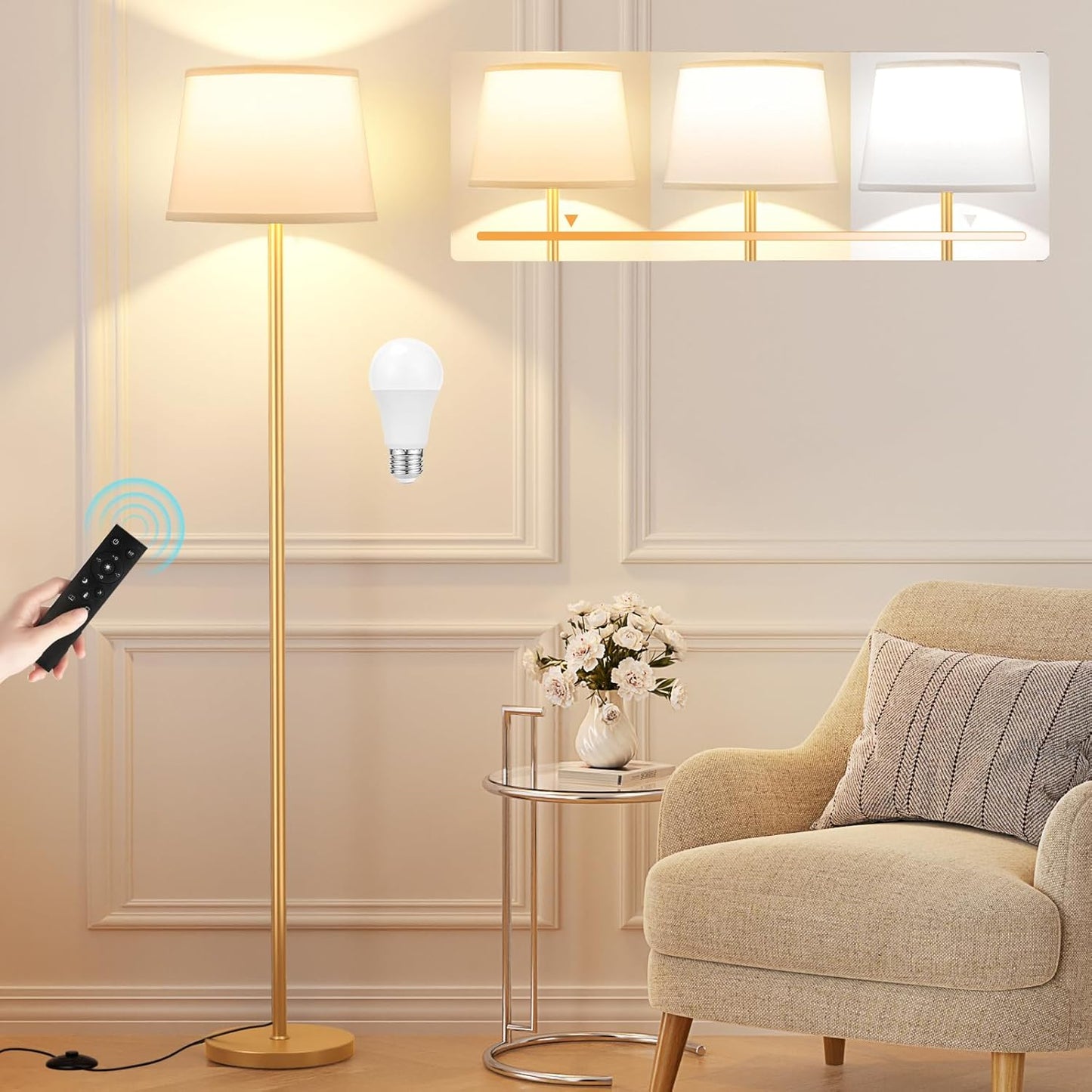 Floor Lamps for Living Room - Modern Gold Floor Lamp with Remote Control, Dimmable Colors Temperature Standing Lamp with LED Bulbs, Tall Lamp for Bedroom Office Kid Room - Brass Gold