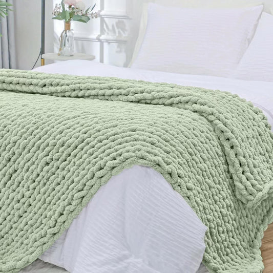 Bigacogo Chunky Knit Throw Blanket for Couch, 40x80 inches, 100% Hand Knitted with Thick Jumbo Chenille Yarn, Cozy Soft Large Rope Knot Cable Crochet Blankets for Sofa Bed Living Room, Sage Green