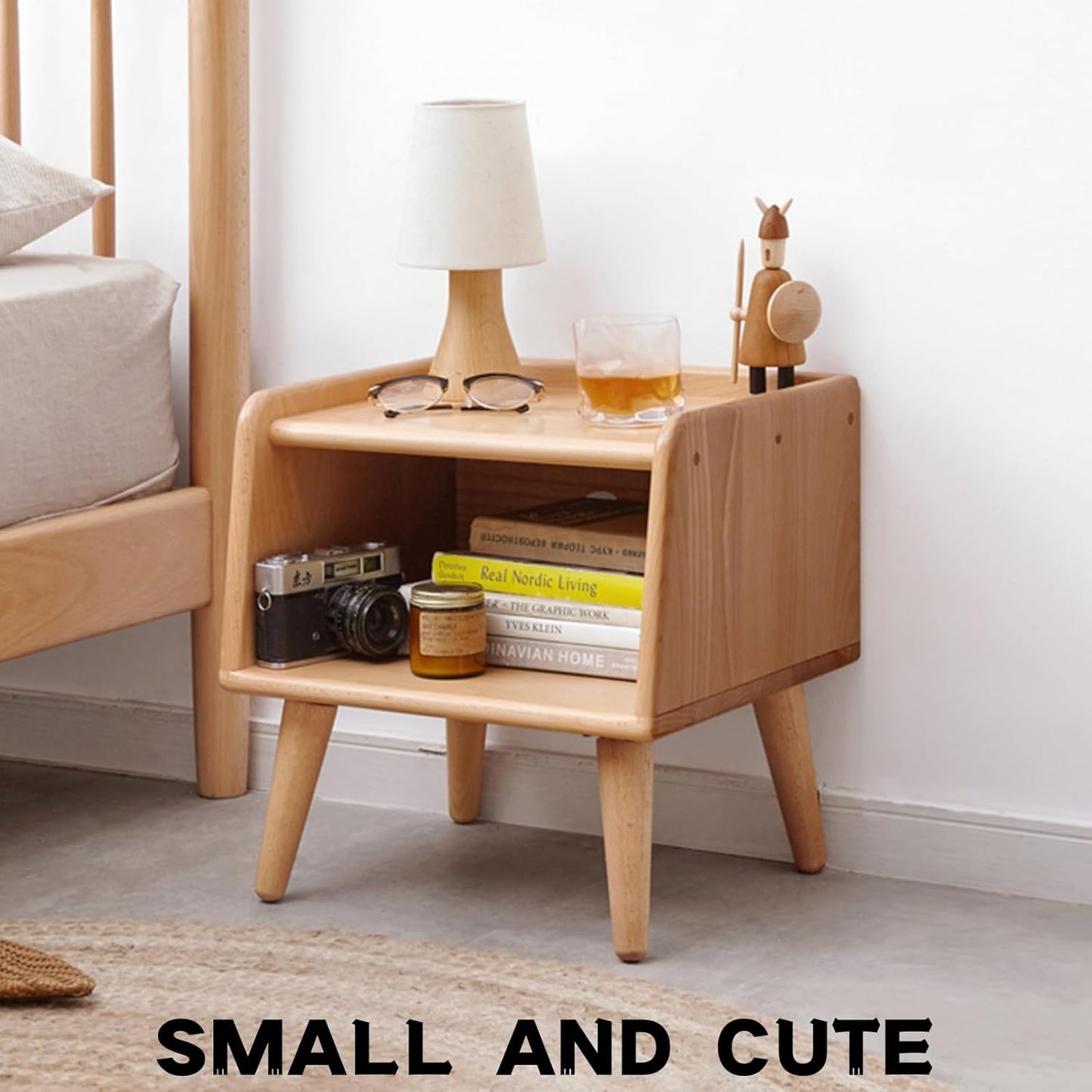 Small Nightstand, 100% Solid Oak Wood Bedside Table, Mid Century Modern Nightstand with Open Storage,Storage Cabinet for Bedroom (2pc Natural Color)