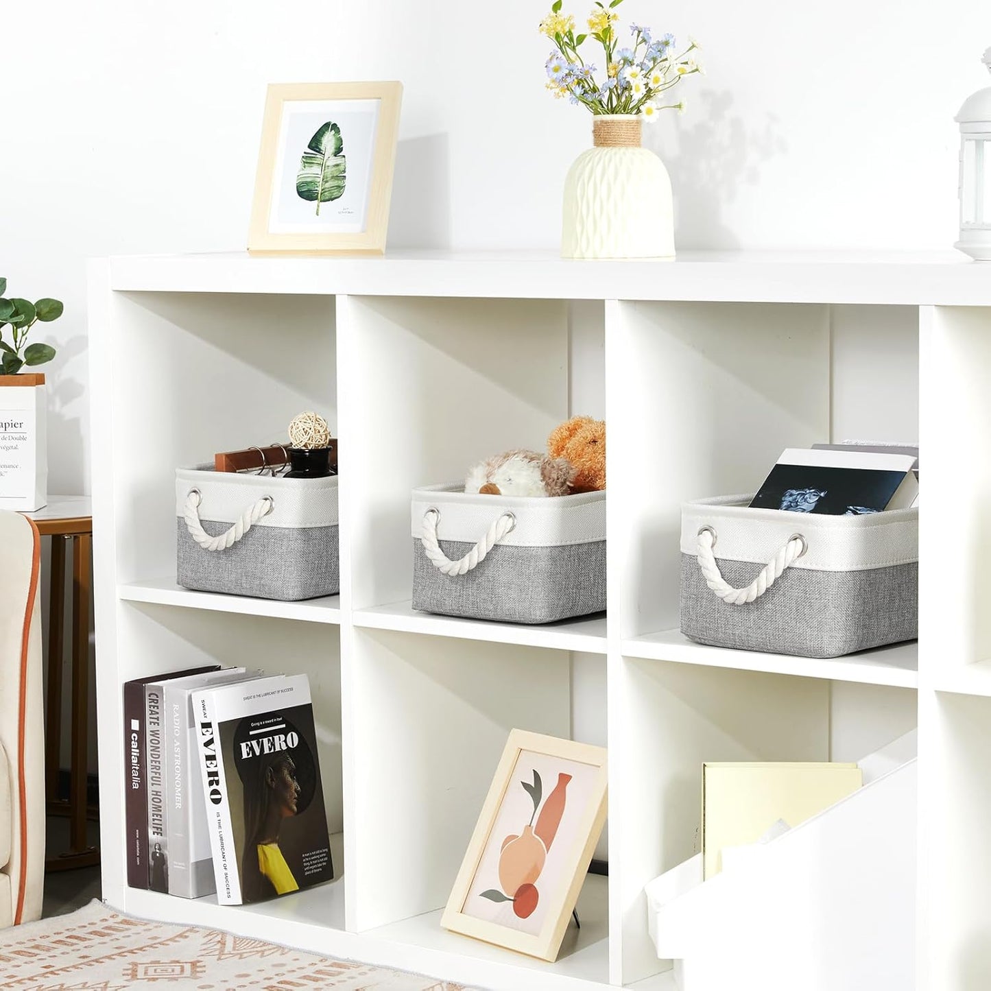 Bidtakay Small Baskets Fabric Storage Baskets for Organizing 3-Pack 12x8x5 Inch Collapsible Storage Bins for Shelves Canvas Bins for Closet Organization Home Baskets Storage Linen Closet S-White&Grey