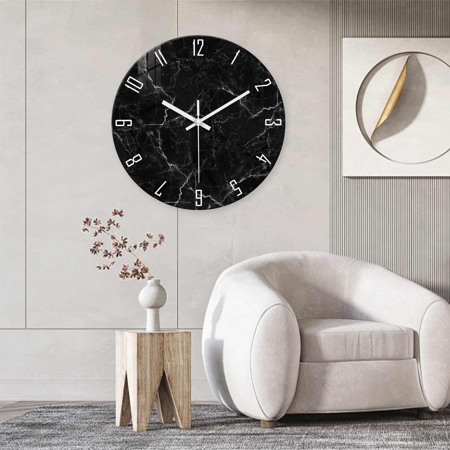 Oversized Decorative Clocks Battery Operated 24 Inch Marble Black Wall Clock for Office Round Non Ticking Wall Clock Silent