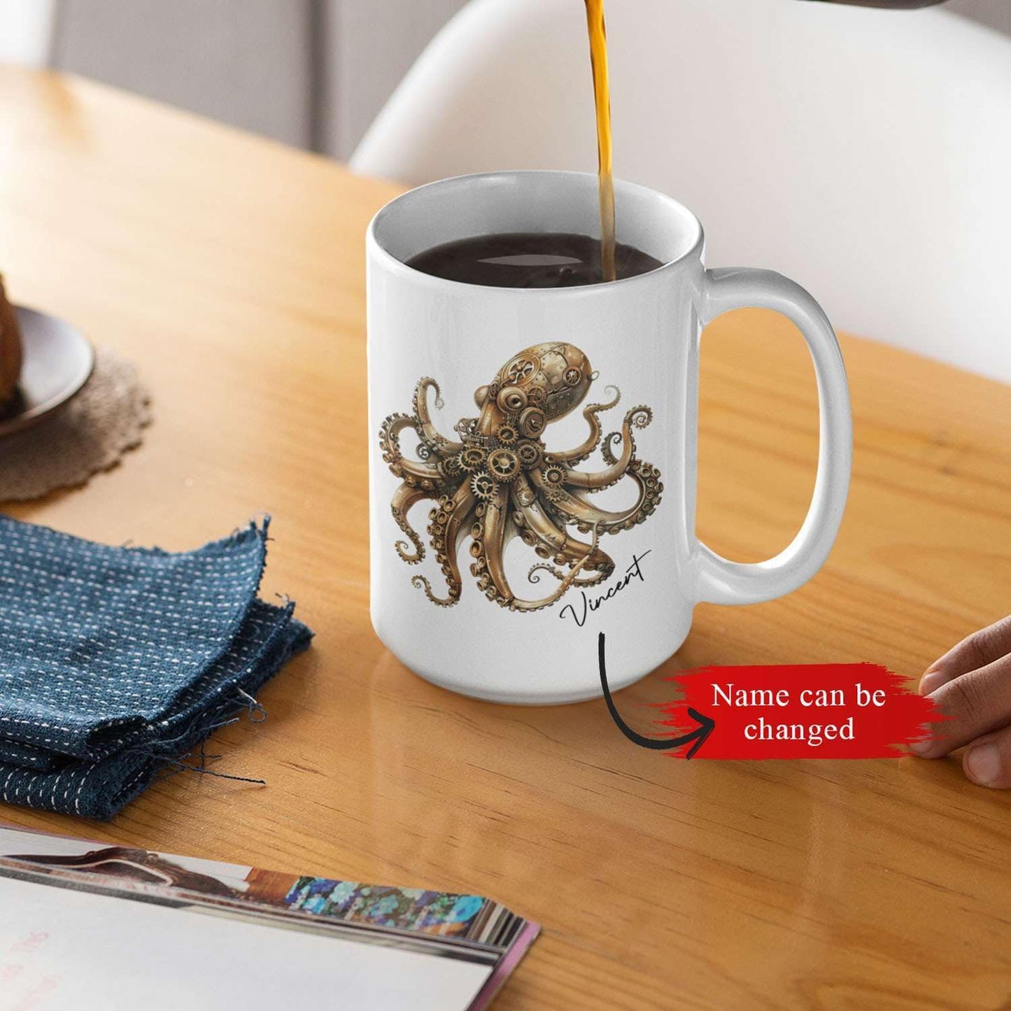 Personalized Unique Name Ceramic Mug 11oz, Customized Steampunk Octopus Mug With Mechanical Themed, Gear-Filled Octopus White Coffee Mug, Gift For Friends, Coworkers, Kids Mug