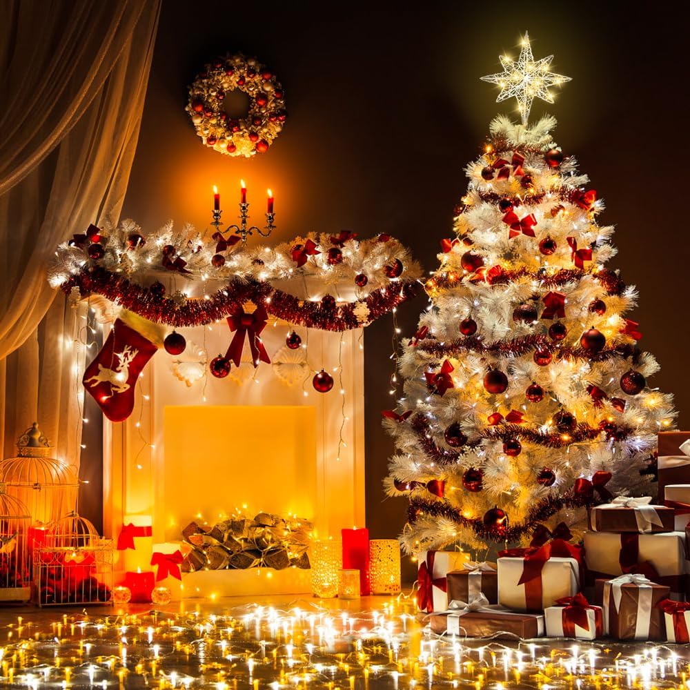 Christmas Tree Topper 13.5” Silvery Star Tree Toppers with 20 LED Lights for Christmas Tree Decorations, Xmas Tree Top Ornament for New Year Holiday Home Office Indoor