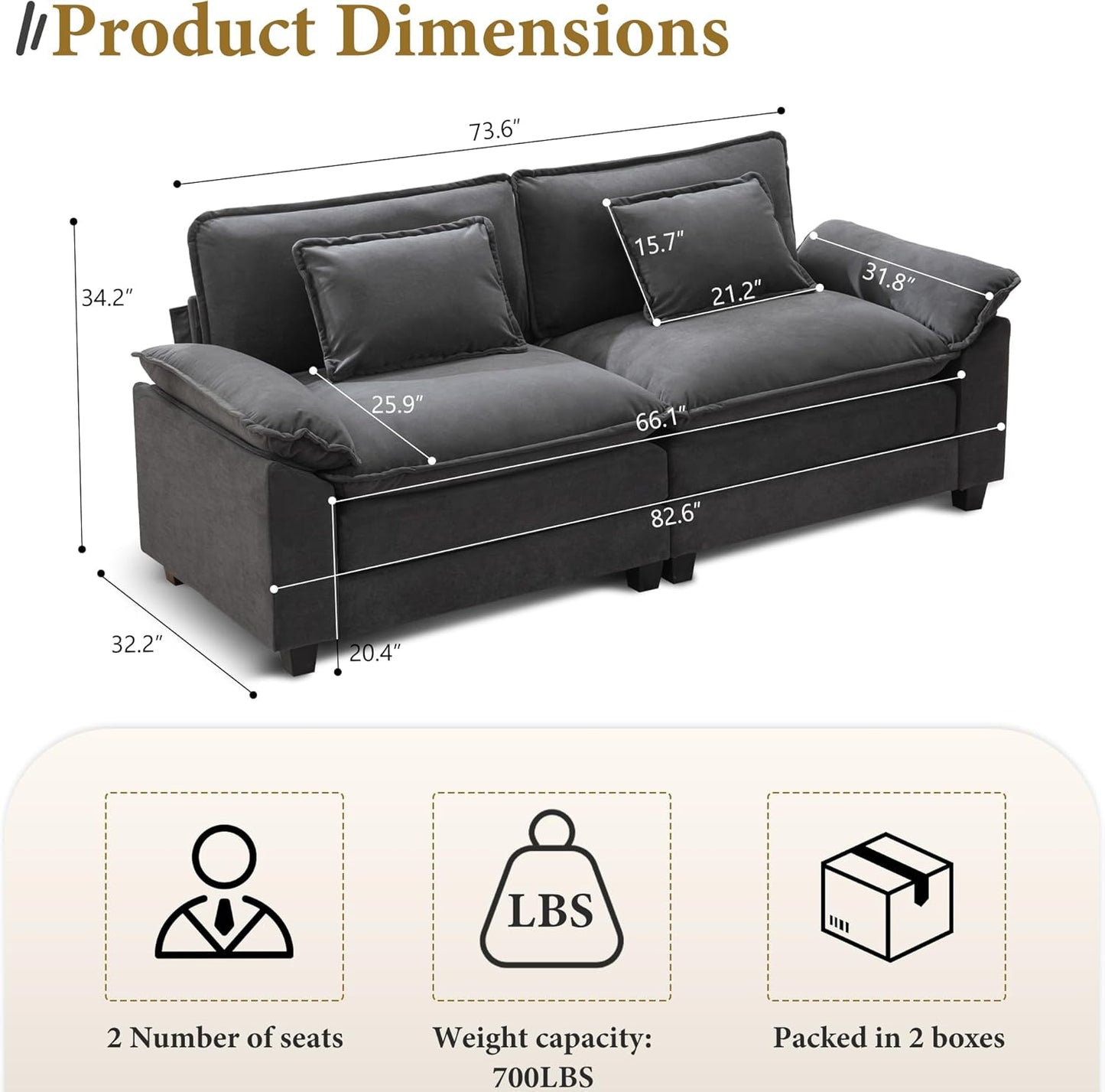 URRED Modular Sectional Sofa Comfy Cloud Couch, Modern Velvet Sofa Sleeper Deep Seat Couches with Ottoman/Pillows for Living Room (Dark Gray, 82.6'')