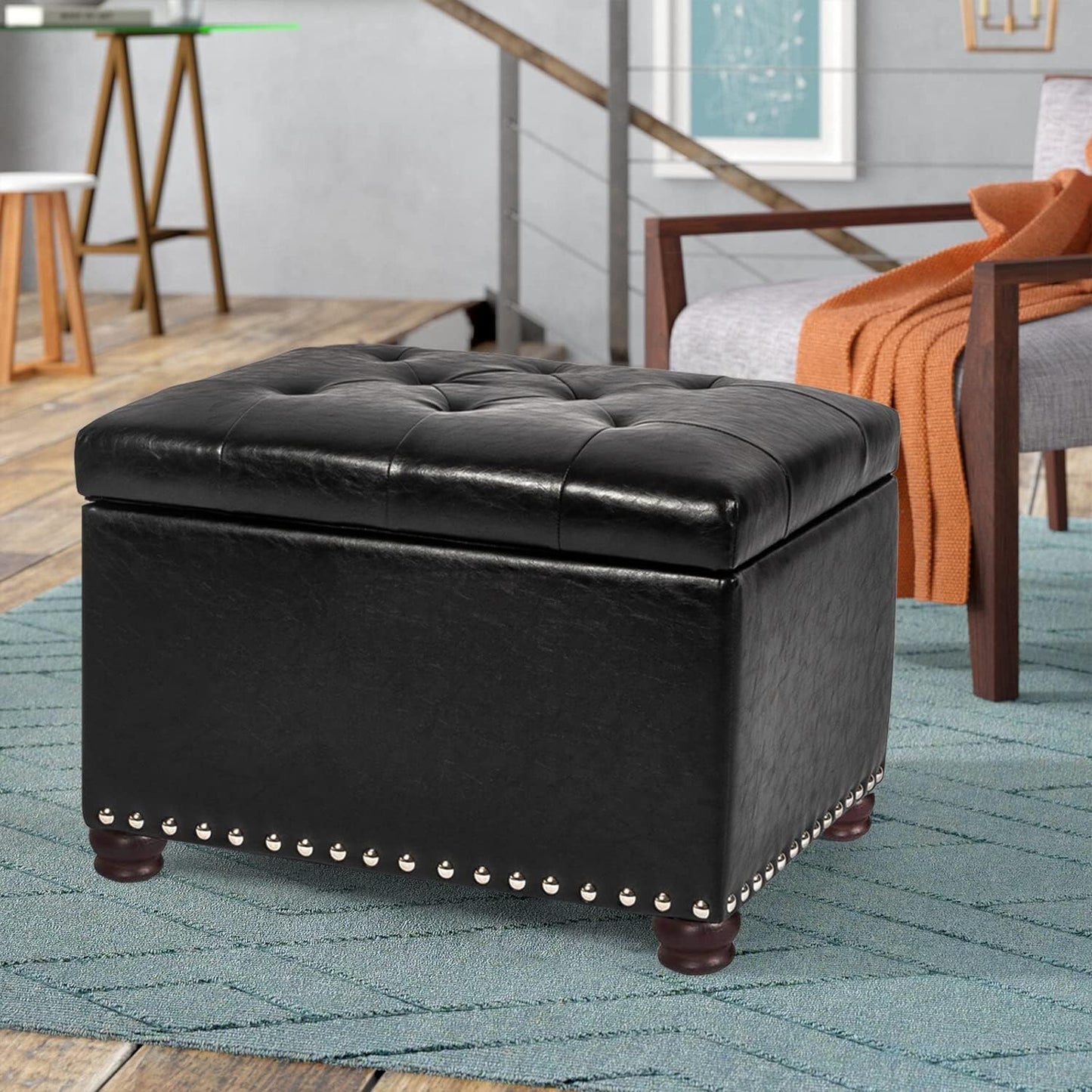 Joveco Leather Storage Ottoman, 24" Rectangle Tufted Foot Rest Stool, for Living Room Bedroom, Midnight Black