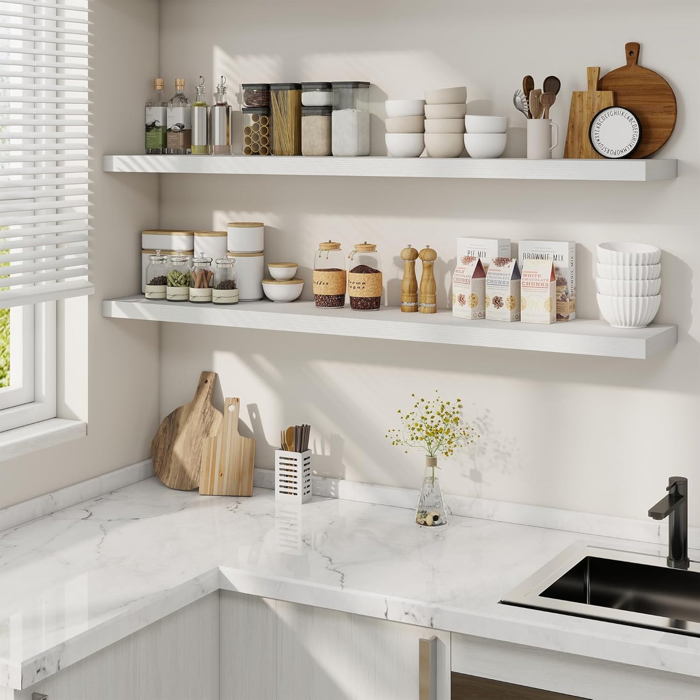 Fun Memories 55 Inch Fireplace Mantel Shelf -Long Floating Shelves, Deep Wall Mounted Farmhouse Display Shelves with Invisible Heavy Duty Metal Bracket, White, 2 Pack