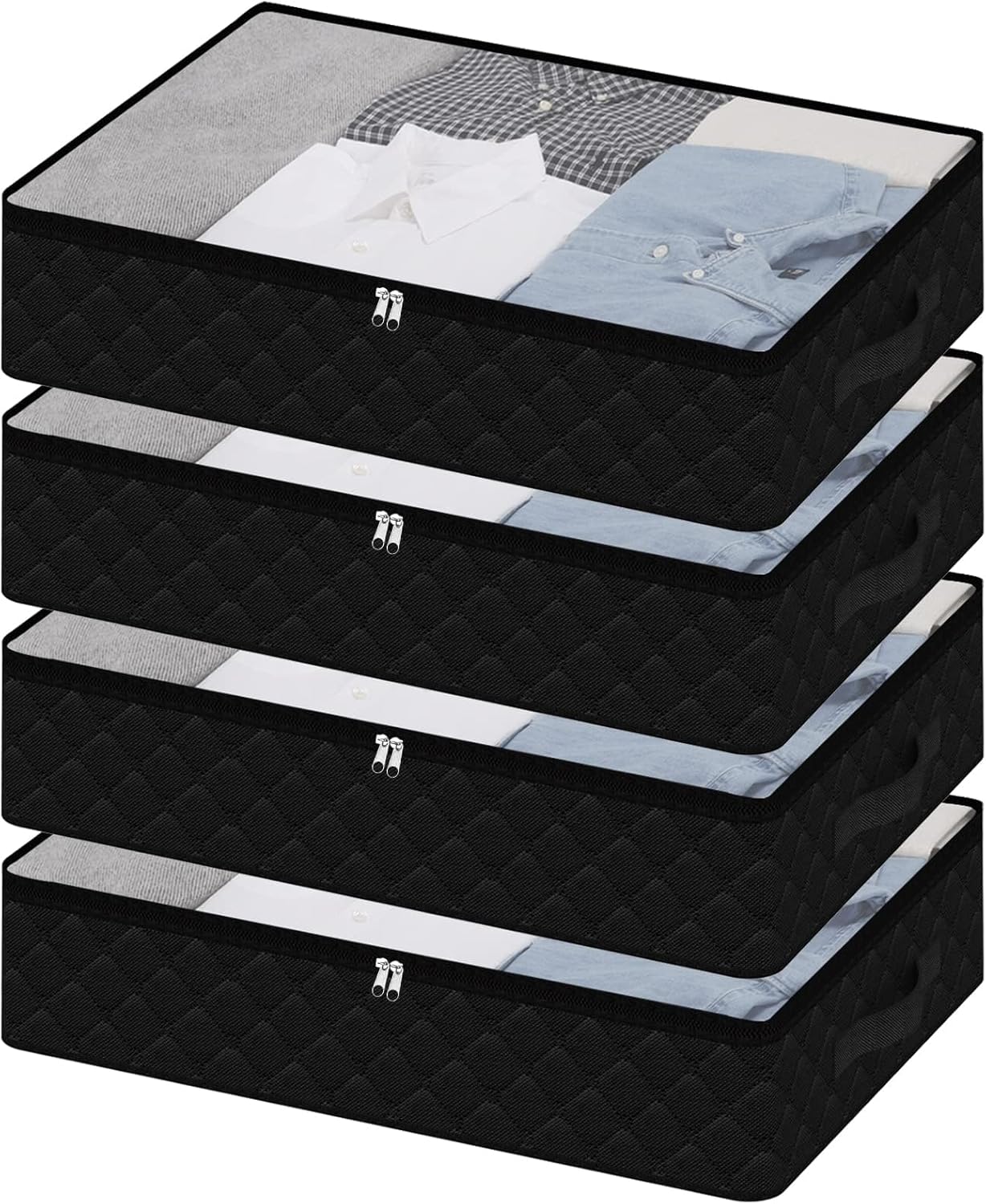 Fixwal 4 Pack Black Underbed Storage Bags with Clear Window and 2 Reinforced Handles Under Bed Storage Containers for Clothing, Bedding, Comforter