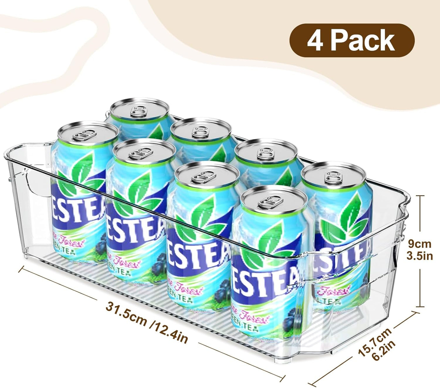 Clear Fridge Organizer, Refrigerator Organizer Bins with Handle, Freezer, Kitchen Cabinet, Pantry Organization, BPA Free Fridge Organizers (12.4 inch 4 Pack)