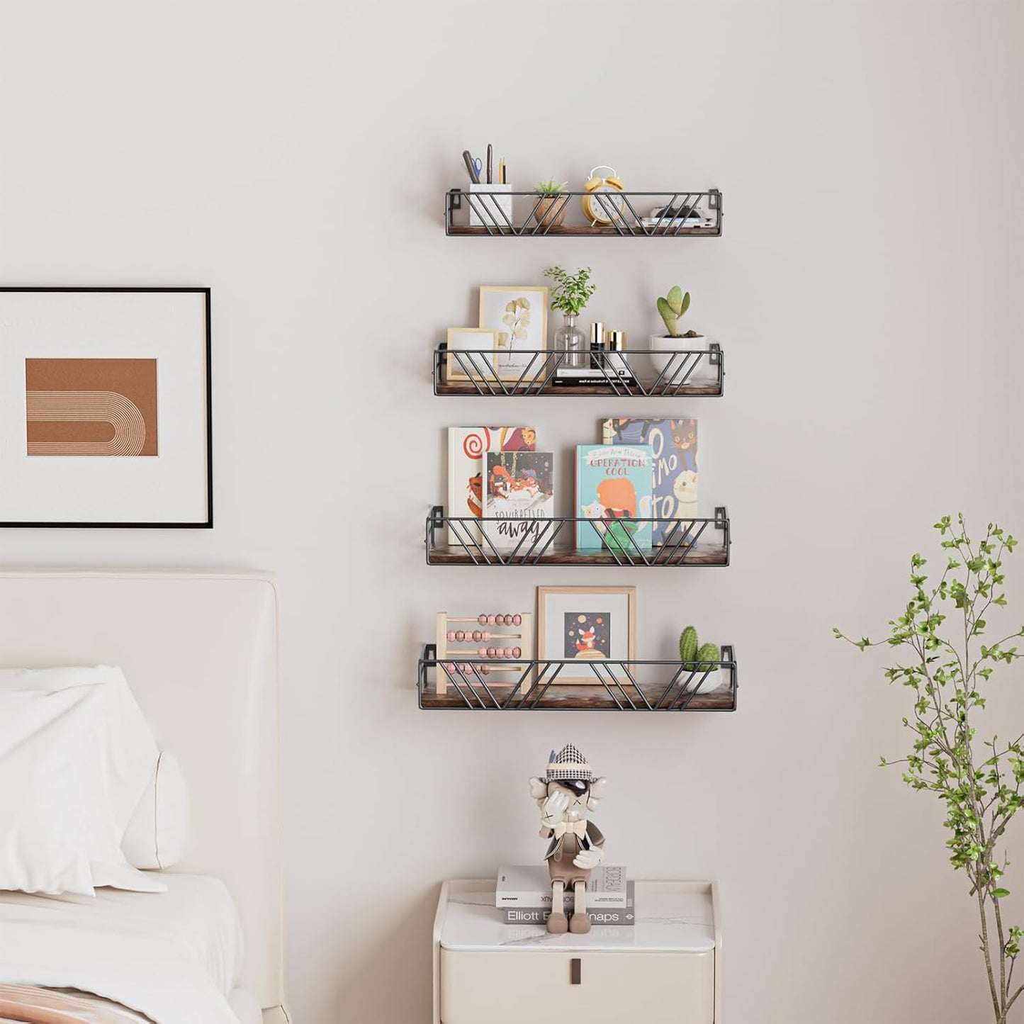 Floating Shelves for Wall Set of 4, Different Sizes Mounted Wood Floating Shelf, Wall Shelves for Living Room, Bedroom, Bathroom, Kitchen, Farmhouse Decor, Office