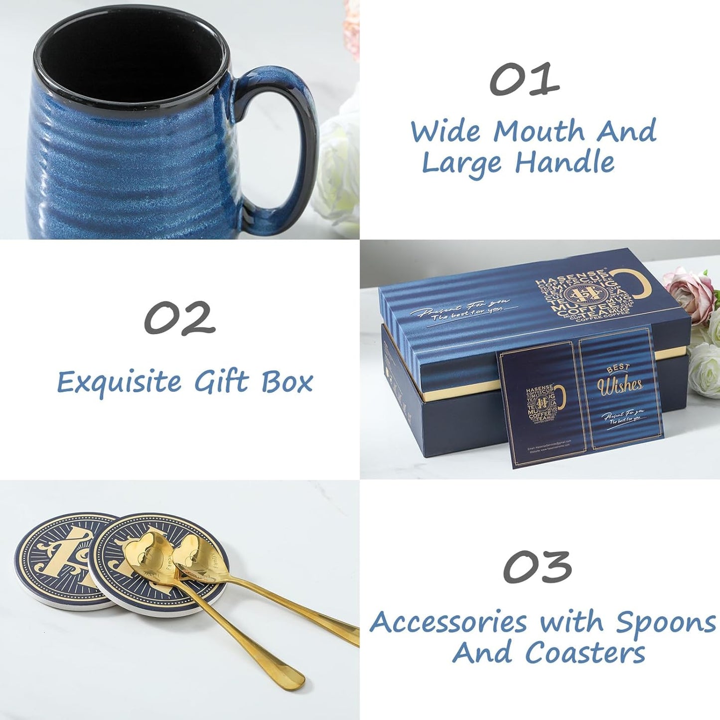 Hasense Coffee Mugs, 15 Ounce Porcelain Mugs Set of 2 with Handle for Morning Coffee Tea and Cocoa, Ceramic Coffee Cups Gift Box with Beautiful Glaze Coasters Spoons for Men and Women, Navy
