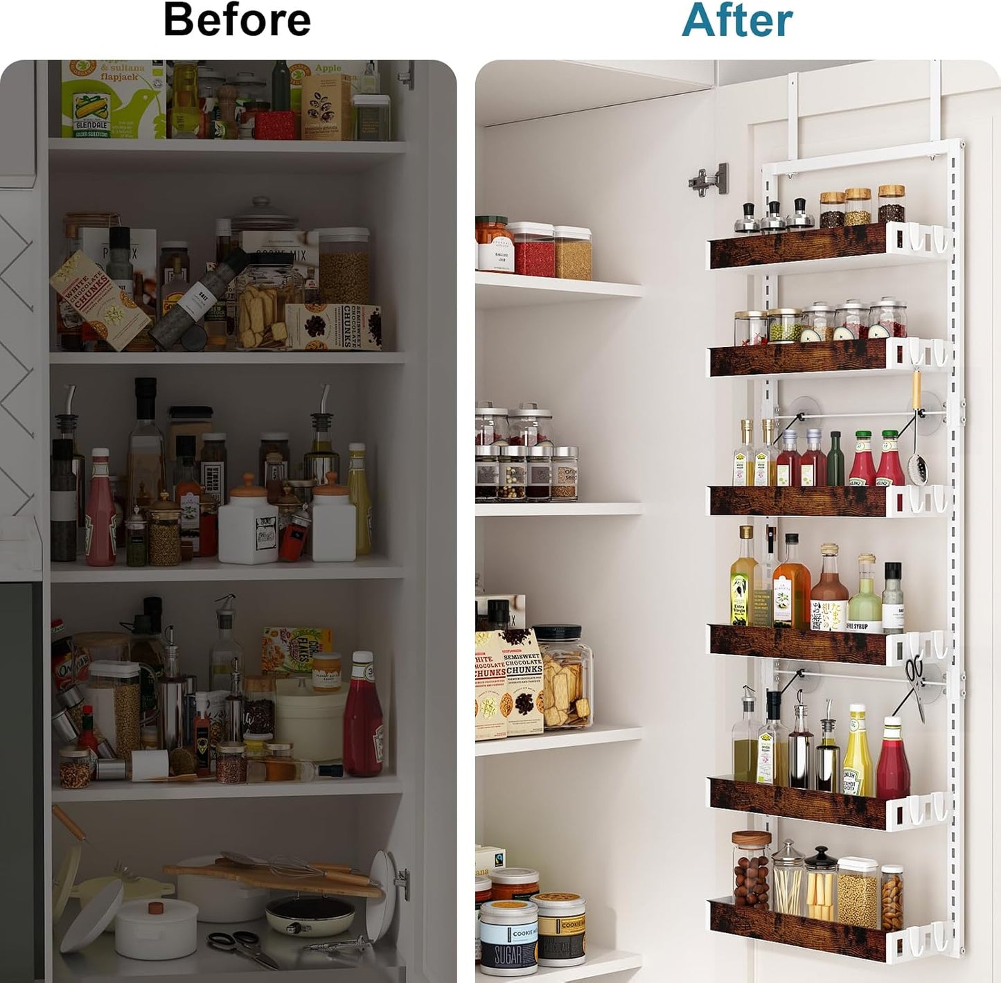 bukfen Over the Door Pantry Organizer, 6-Tier Adjustable Wooden Basket Kitchen Pantry Door Organization and Storage, Heavy-Duty Metal Hanging Kitchen Spice Rack,D6.3 x W17.71 x H50.60 inch,White