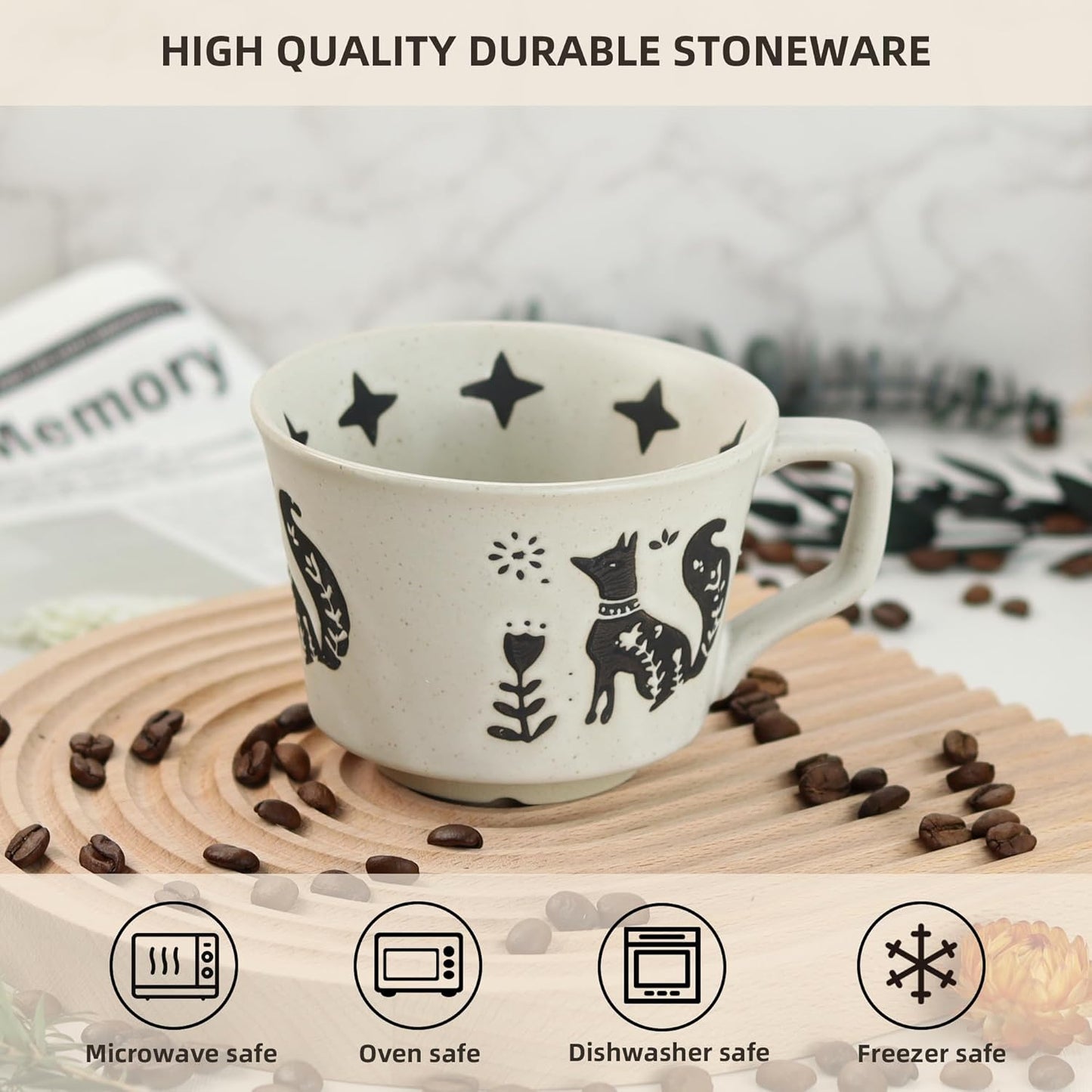 Ceramic Coffee Mug, 12 oz Novelty Unique Teacup with Large Handle, Stoneware Cup for Tea Mocha Latte Cappuccino Espresso (Fox)