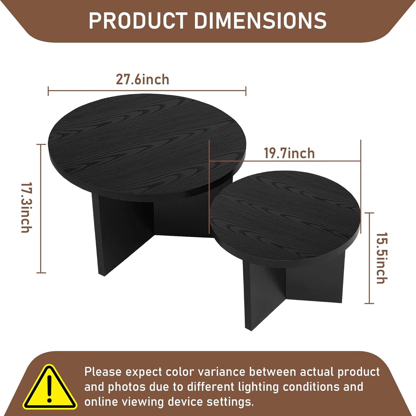 Round Nesting Coffee Tables Set of 2, Modern Stacking Table with Wood Grain Finish, End Table Side Tables for Living Room (Black)