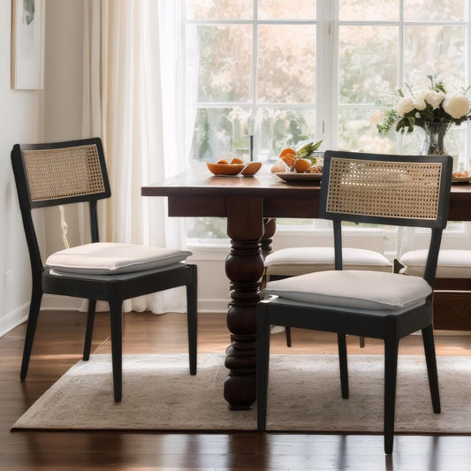 Rattan Dining Chairs Set Of 2 , Mid Century Modern Black Wooden Cane Back Chairs with Removable Linen Cushion , Retro Farmhouse Upholstered Kitchen & Dining Room Chairs for Restaurant Living Room