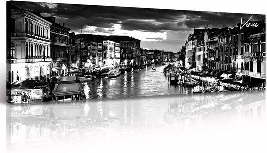 DJSYLIFE Venice Skyline Wall Art Black and White Italy Cityscape Canvas Print Painting Buildings Grand Canal Landscape Pictures Modern Artwork for Man Room Office Living Room Decoration 13.8"x47.3"