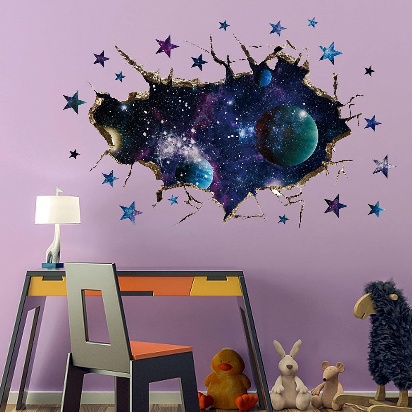3D Space Galaxy Wall Decor Stickers, Removable Broken Outer Space Planet Waterproof Vinyl Floor Decals, 3D Art Magic Wall Mural Decals for Bedroom Living Room Home Wall Decor