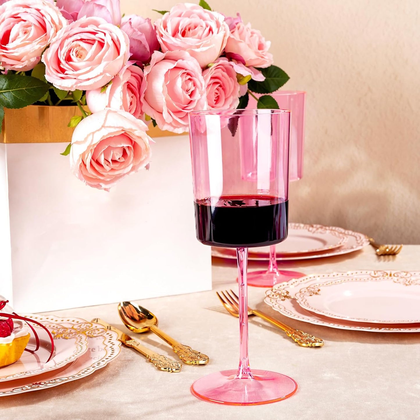 Ciaell 12 Pack Pink Plastic Wine Glasses - 14Oz Plastic Wine Glasses with Stem - Disposable Stemmed Wine Glass for Parties & Weddings & Outdoor