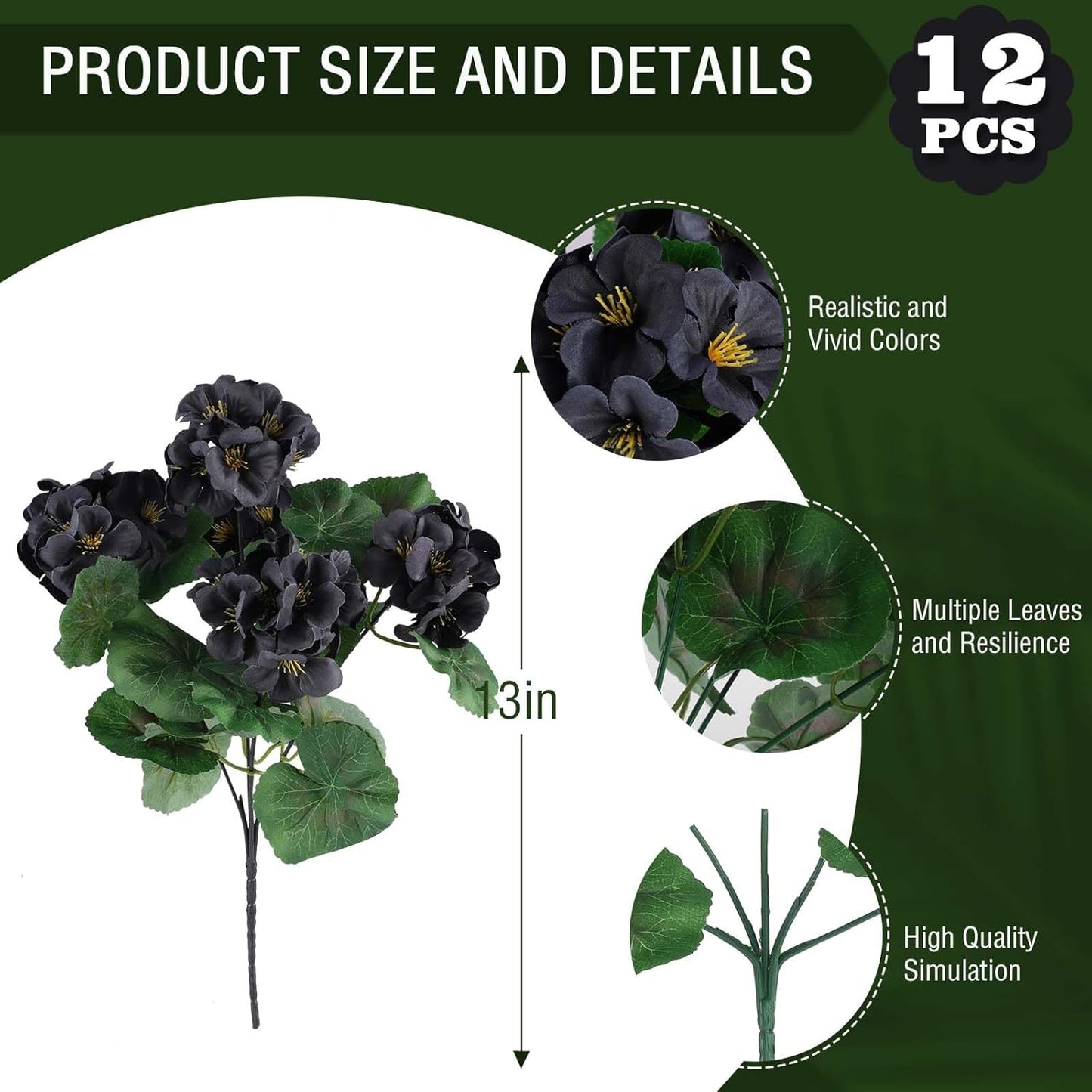 Hananona 12 Bundles Artificial Geranium Flowers for Outdoors Black Silk Geranium Flowers Outdoor UV Resistant Plants Faux Black Flower for Home Kitchen Halloween Table Centerpieces Decor (12, Black)