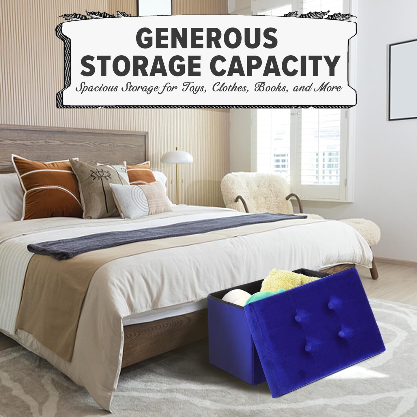 LINMAGCO Storage Ottoman Folding Foot Stool Velvet Foot Rest with Padded Modern Ottoman with Storage for Living Room Puppy Step Stool 17x13x13in(Navy)